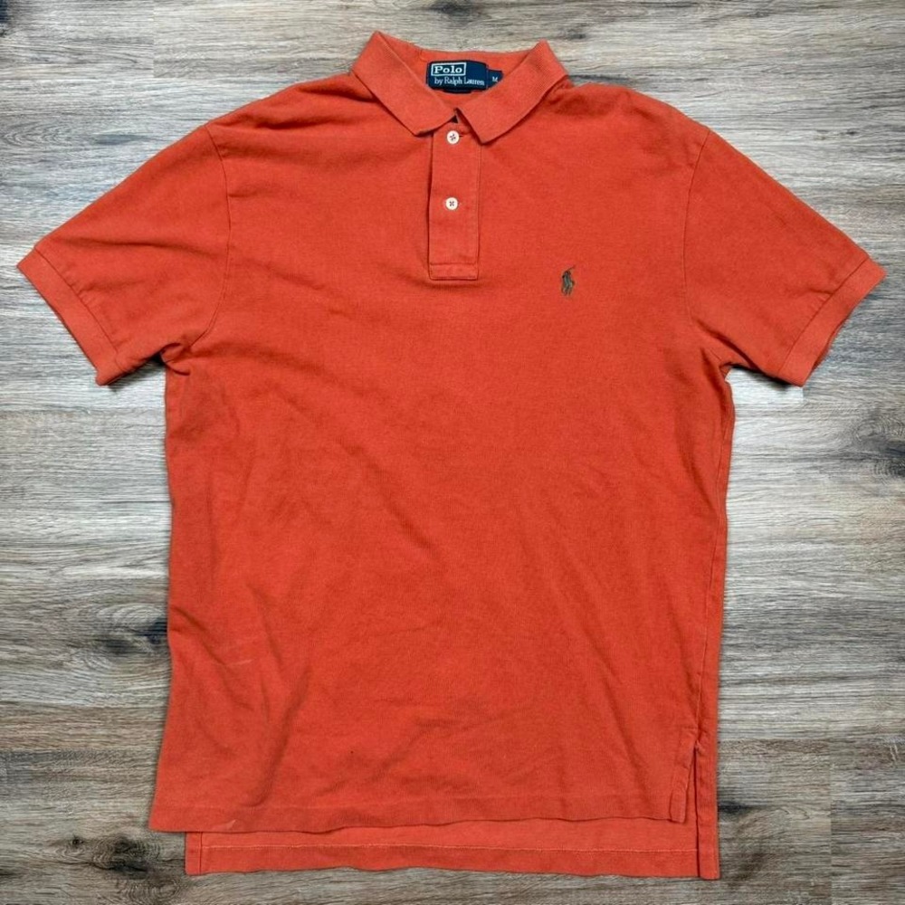 dark orange polo ralph lauren polo shirt with dark green pony